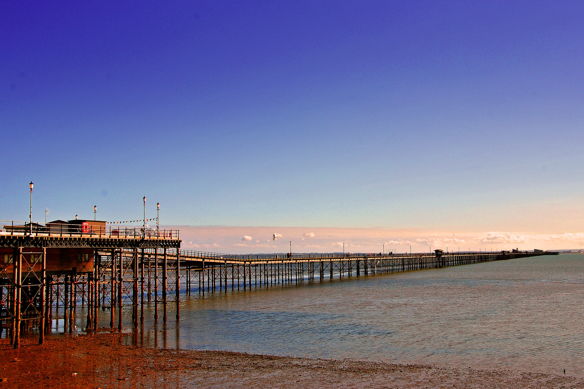 Southend Pier stretching across the Thames Estuary from the Southend-on-Sea shoreline.